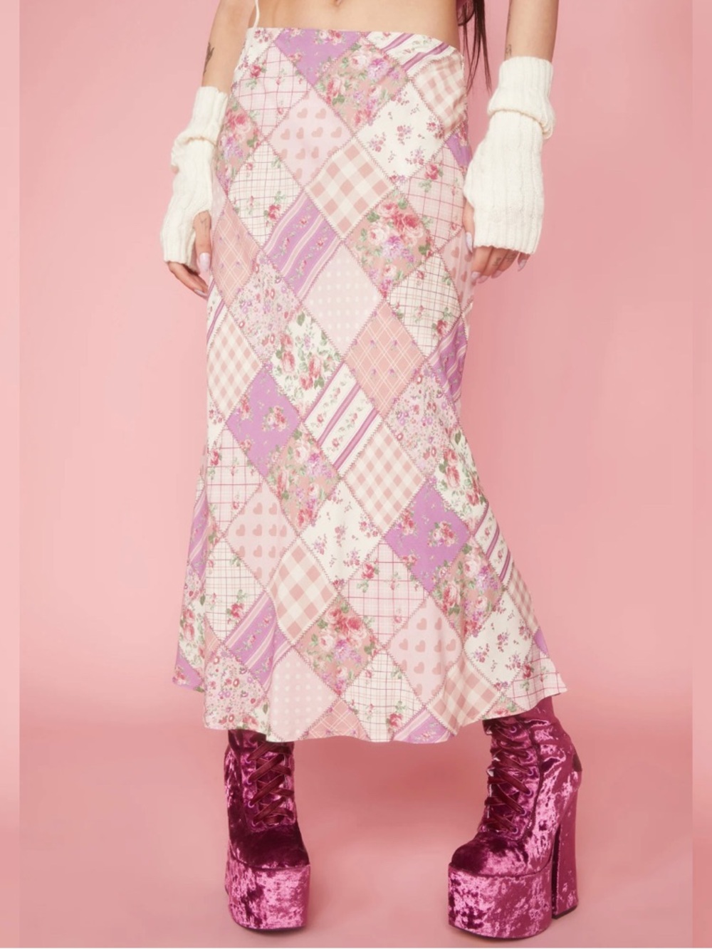 Patchwork Floral Midi Skirt in Pink and Lavender